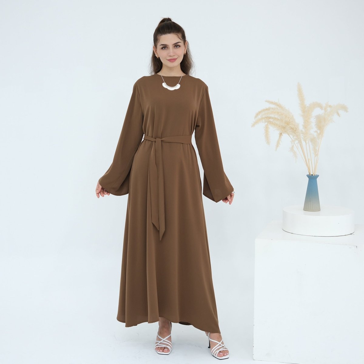 Solid Color Nida Abaya with Belt | A - Line Maxi Dress(MA359) - Mariam's Collection