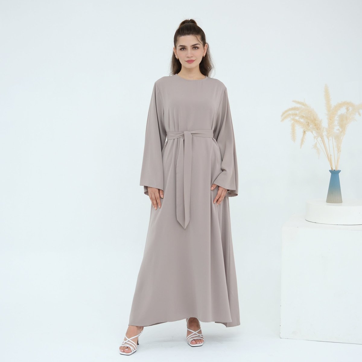 Solid Color Nida Abaya with Belt | A - Line Maxi Dress(MA359) - Mariam's Collection