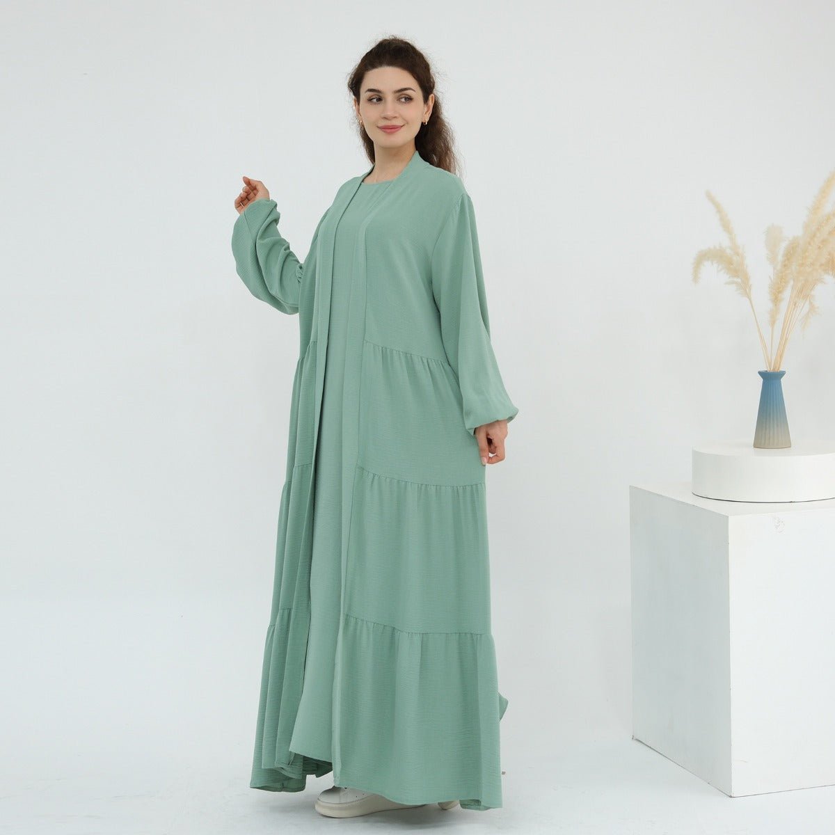 Solid Color Puff Sleeve Layered Maxi Dress Robe Dress Two - Piece Set. (MOA165) - Mariam's Collection