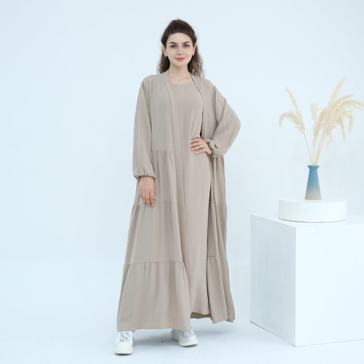 Layered Robe Solid Color Puff Sleeve Layered Maxi Dress Robe Dress Two-Piece Set ...