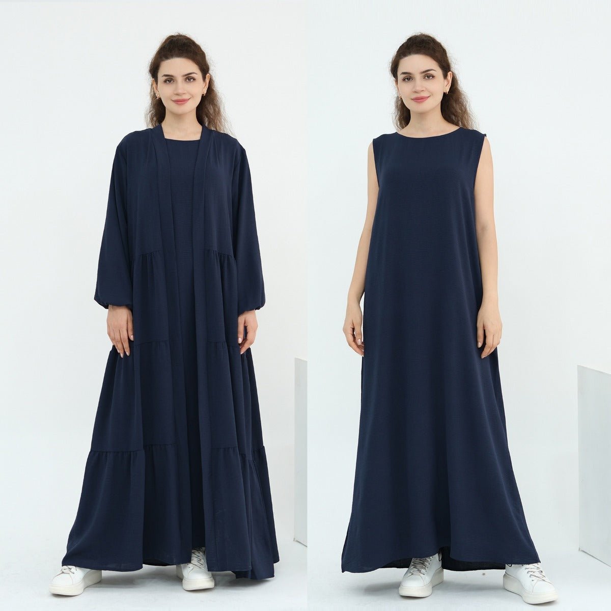 Solid Color Puff Sleeve Layered Maxi Dress Robe Dress Two - Piece Set. (MOA165) - Mariam's Collection