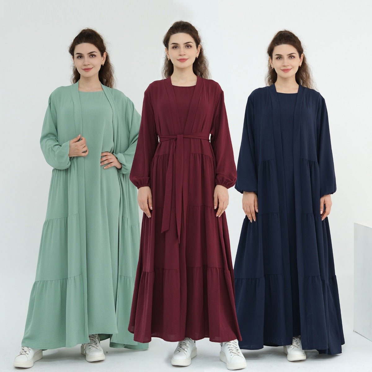 Solid Color Puff Sleeve Layered Maxi Dress Robe Dress Two - Piece Set. (MOA165) - Mariam's Collection