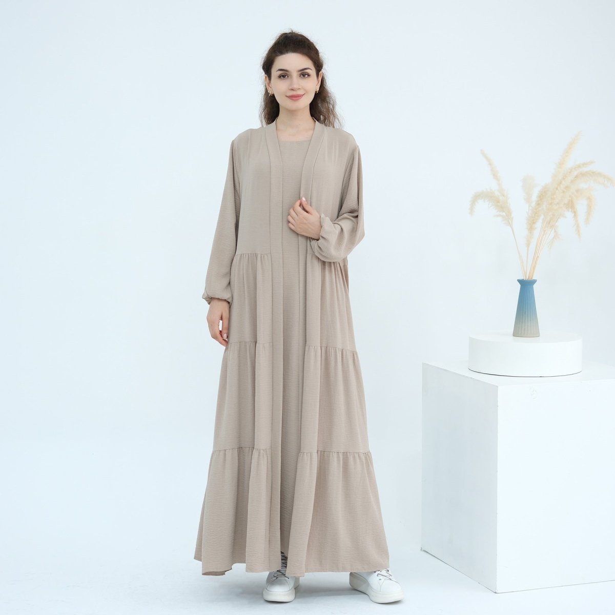 Solid Color Puff Sleeve Layered Maxi Dress Robe Dress Two - Piece Set. (MOA165) - Mariam's Collection
