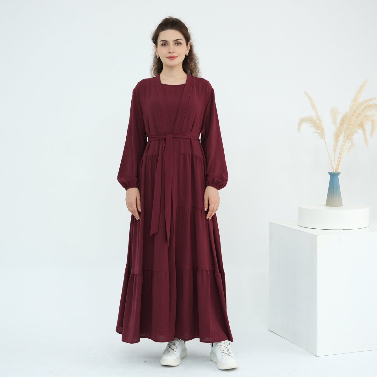 Solid Color Puff Sleeve Layered Maxi Dress Robe Dress Two - Piece Set. (MOA165) - Mariam's Collection