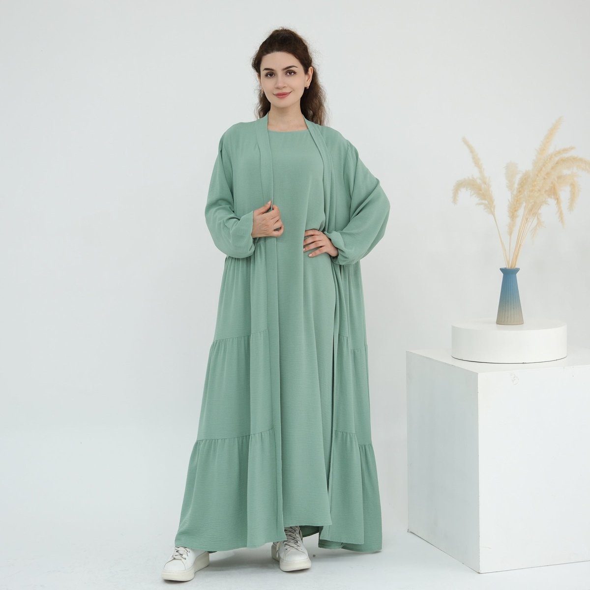 solid color maxi dress with sleeves Puff Sleeve V-Neck Tiered Solid Maxi Dress