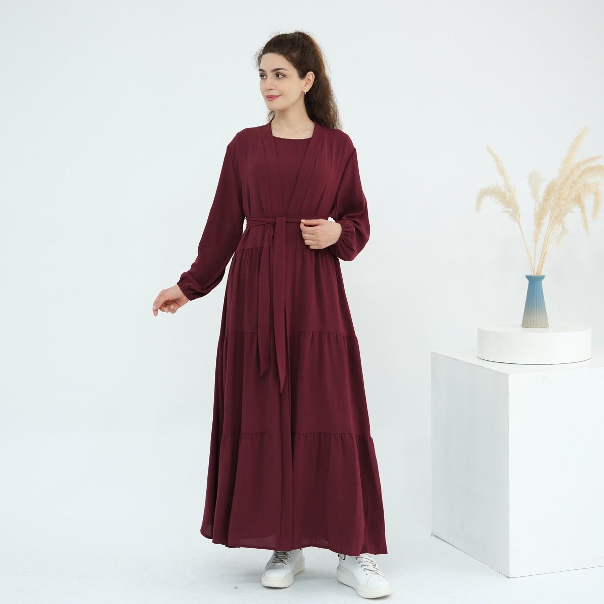 Solid Color Puff Sleeve Layered Maxi Dress Robe Dress Two - Piece Set. (MOA165) - Mariam's Collection
