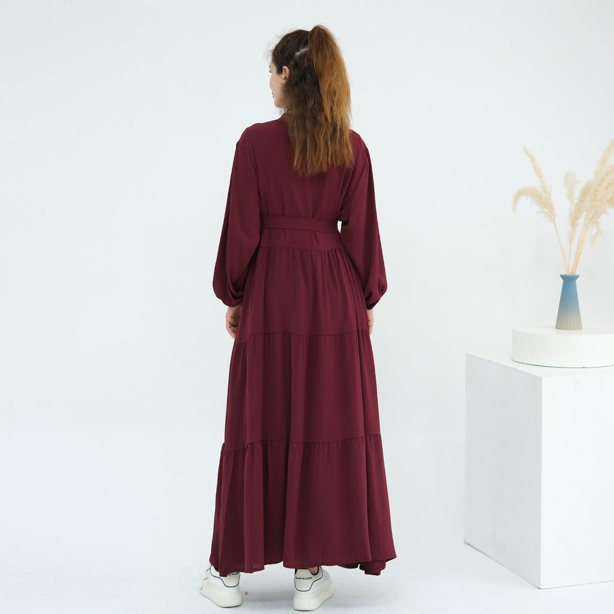 Solid Color Puff Sleeve Layered Maxi Dress Robe Dress Two - Piece Set. (MOA165) - Mariam's Collection