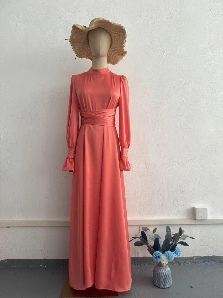 Solid Color Puff Sleeve Long Sleeve Waist - Defining Elegant Dress. (MA164) - Mariam's Collection