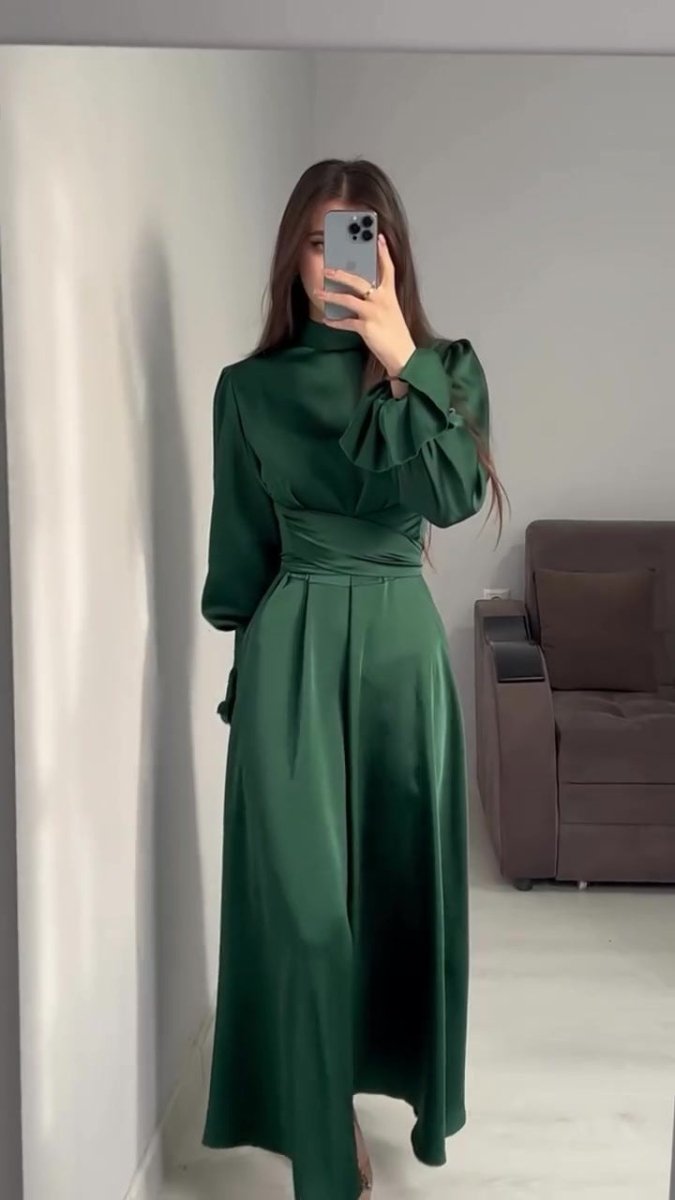 Solid Color Puff Sleeve Long Sleeve Waist - Defining Elegant Dress. (MA164) - Mariam's Collection