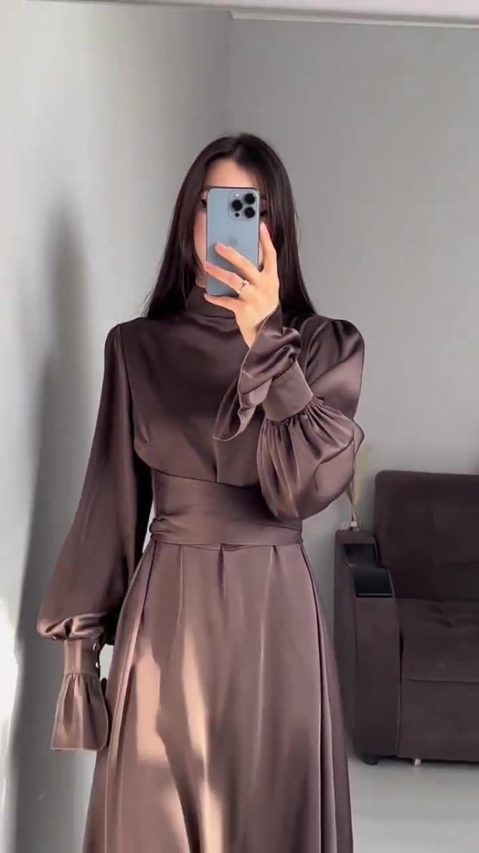 Solid Color Puff Sleeve Long Sleeve Waist - Defining Elegant Dress. (MA164) - Mariam's Collection