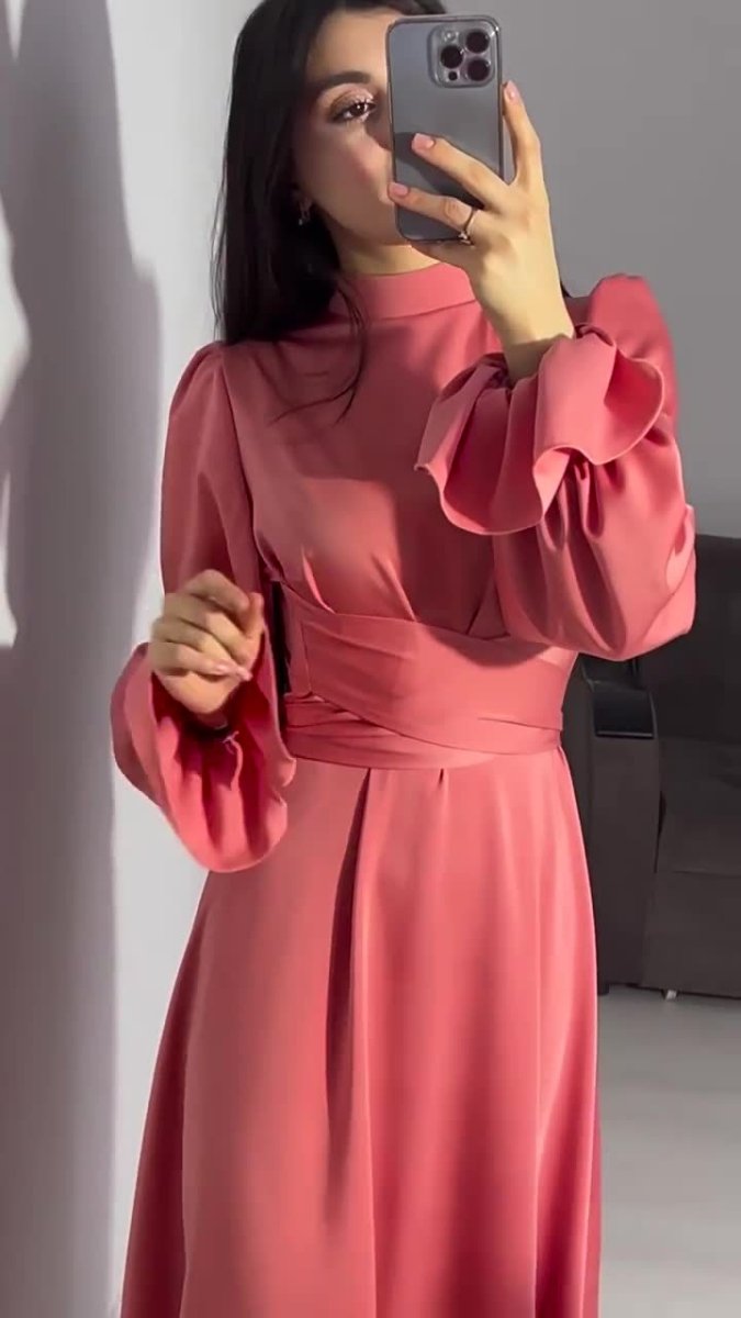 Solid Color Puff Sleeve Long Sleeve Waist - Defining Elegant Dress. (MA164) - Mariam's Collection