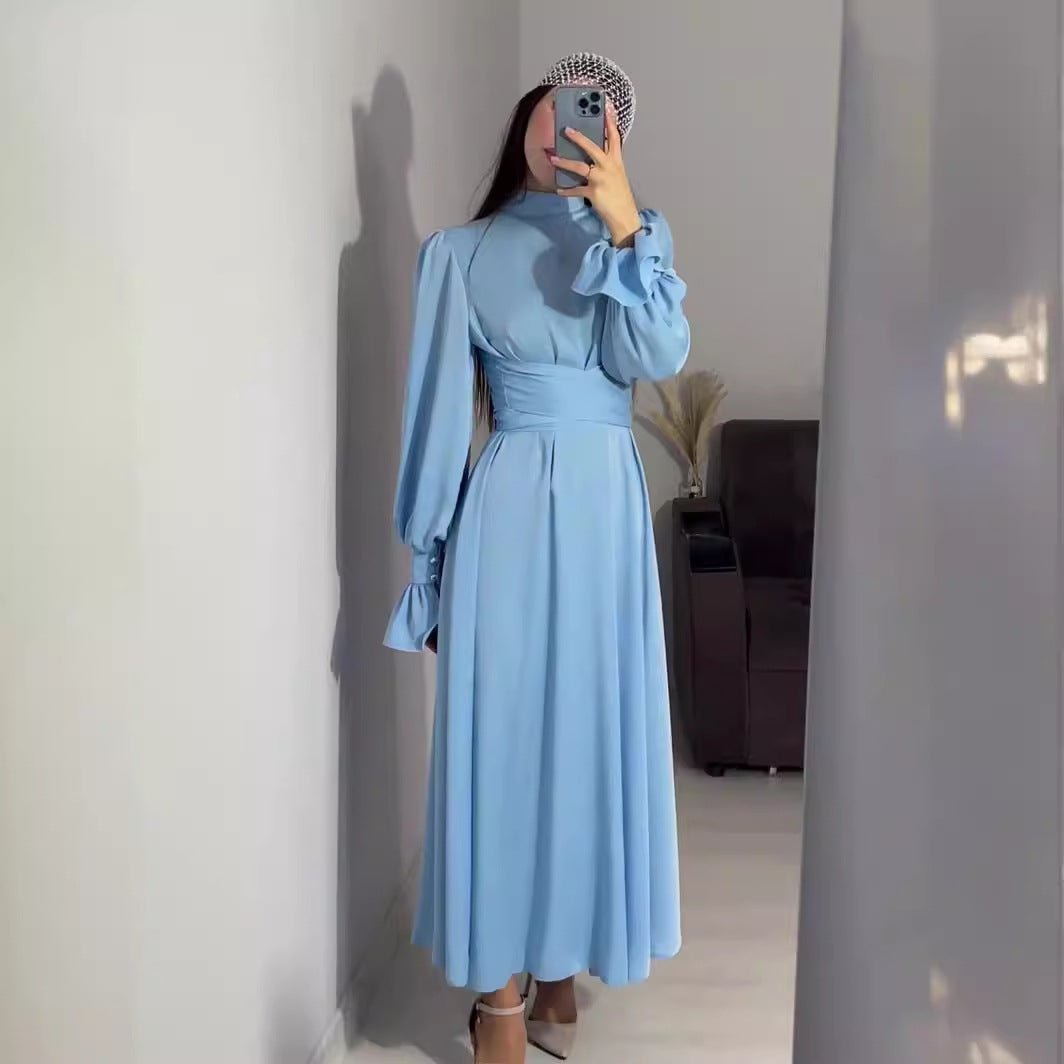 Solid Color Puff Sleeve Long Sleeve Waist - Defining Elegant Dress. (MA164) - Mariam's Collection