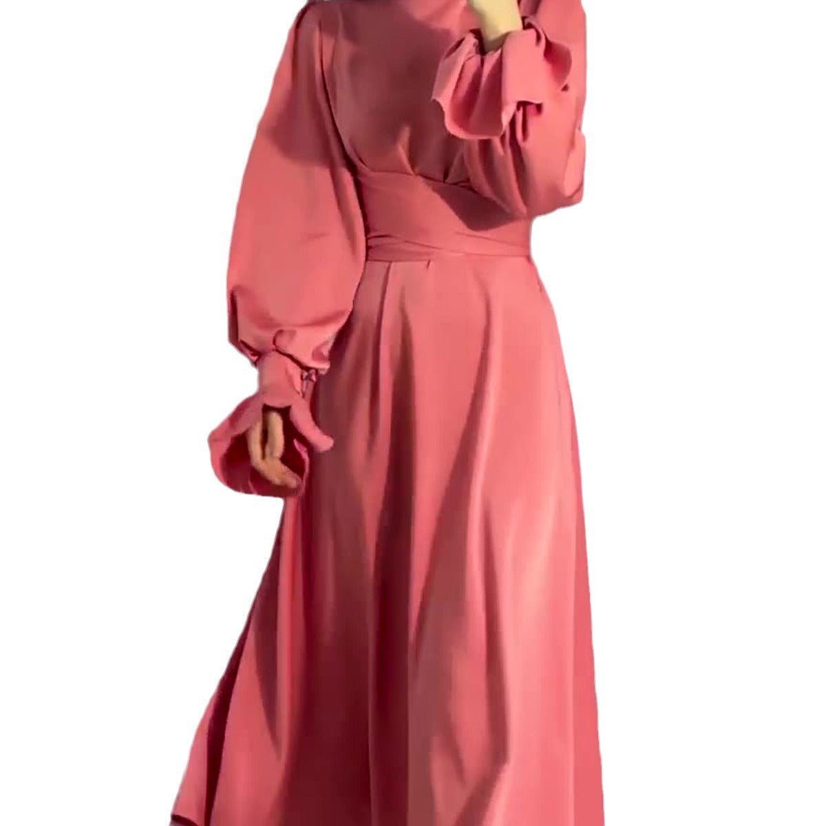 Solid Color Puff Sleeve Long Sleeve Waist - Defining Elegant Dress. (MA164) - Mariam's Collection