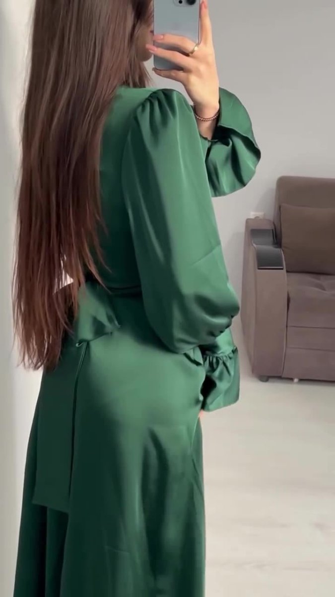 Solid Color Puff Sleeve Long Sleeve Waist - Defining Elegant Dress. (MA164) - Mariam's Collection