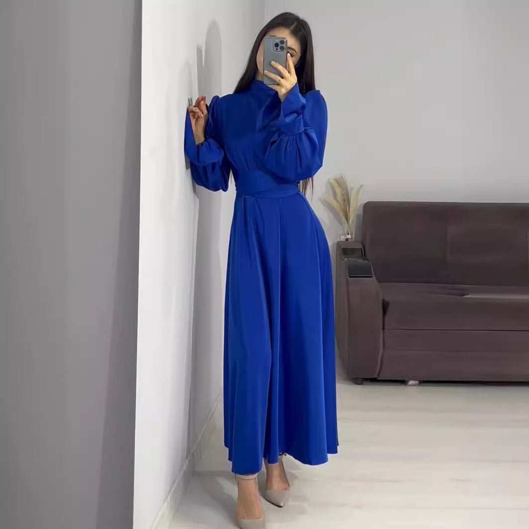 Solid Color Puff Sleeve Long Sleeve Waist - Defining Elegant Dress. (MA164) - Mariam's Collection