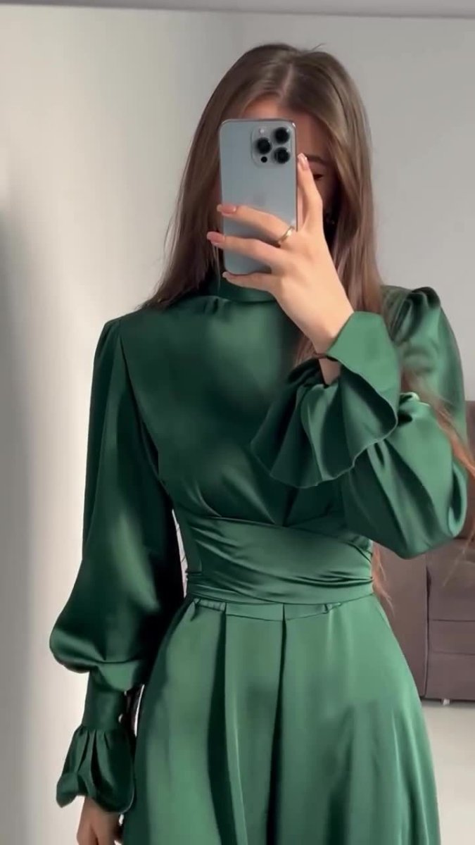 Solid Color Puff Sleeve Long Sleeve Waist - Defining Elegant Dress. (MA164) - Mariam's Collection