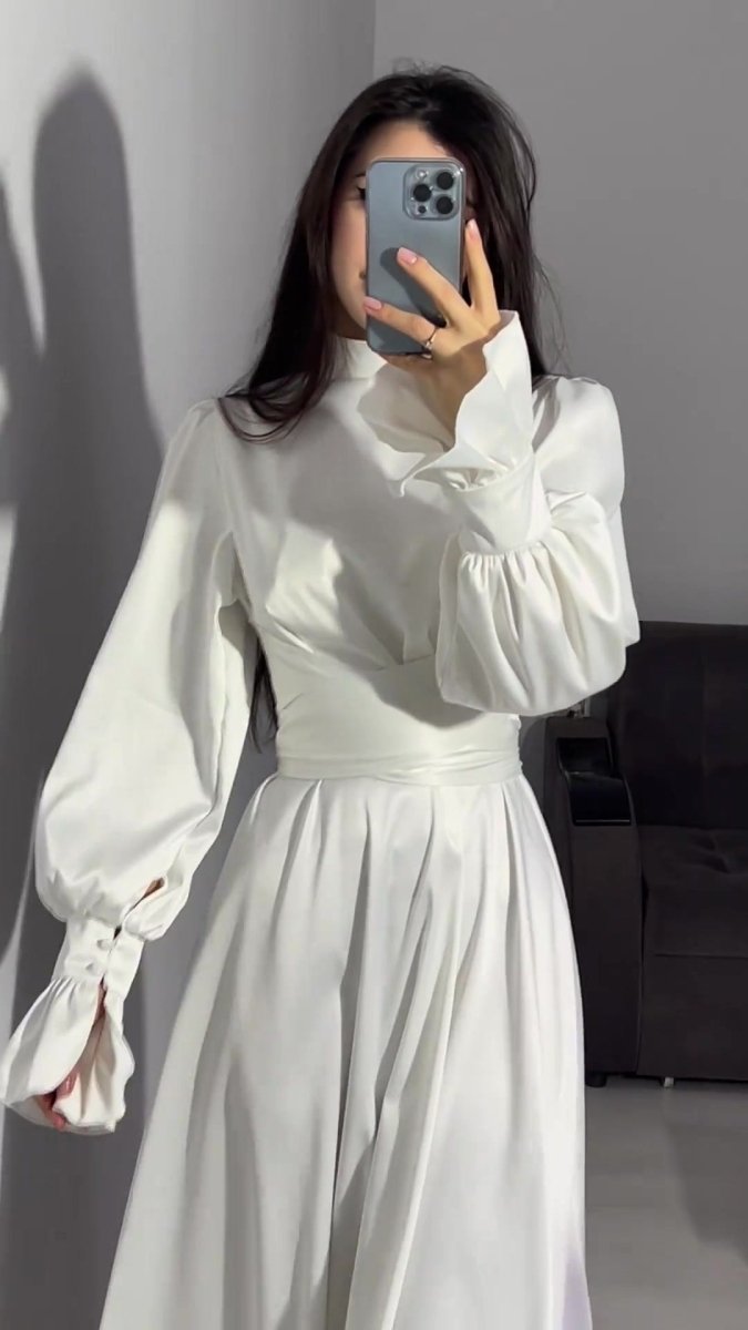 Solid Color Puff Sleeve Long Sleeve Waist - Defining Elegant Dress. (MA164) - Mariam's Collection
