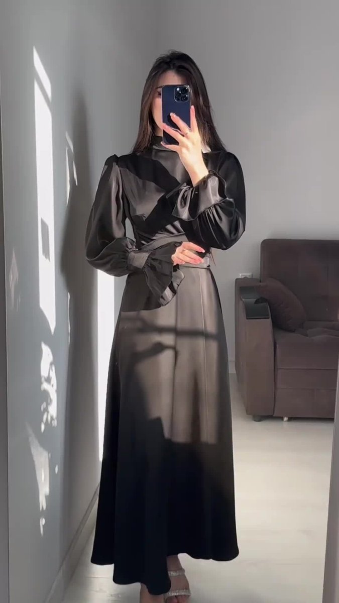 Solid Color Puff Sleeve Long Sleeve Waist - Defining Elegant Dress. (MA164) - Mariam's Collection