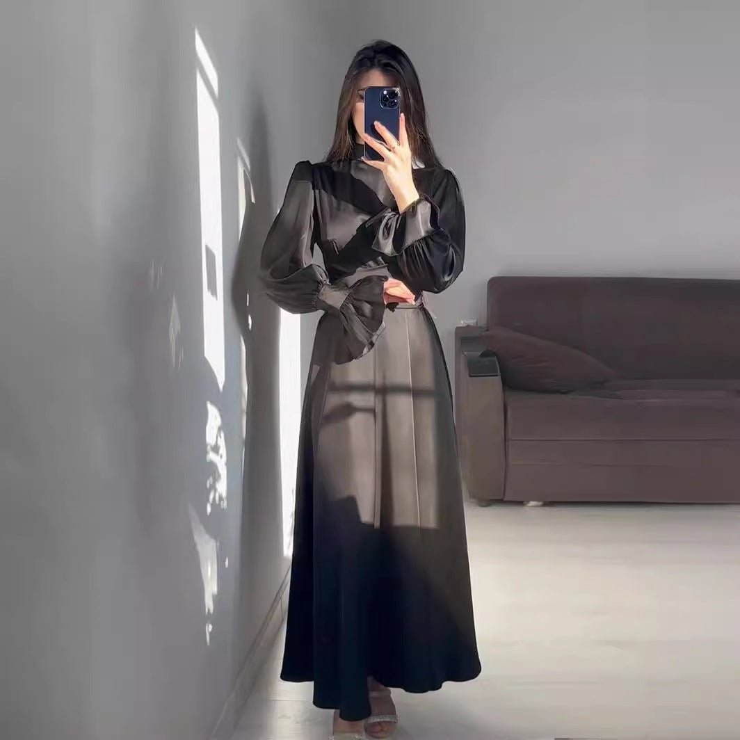 Solid Color Puff Sleeve Long Sleeve Waist - Defining Elegant Dress. (MA164) - Mariam's Collection