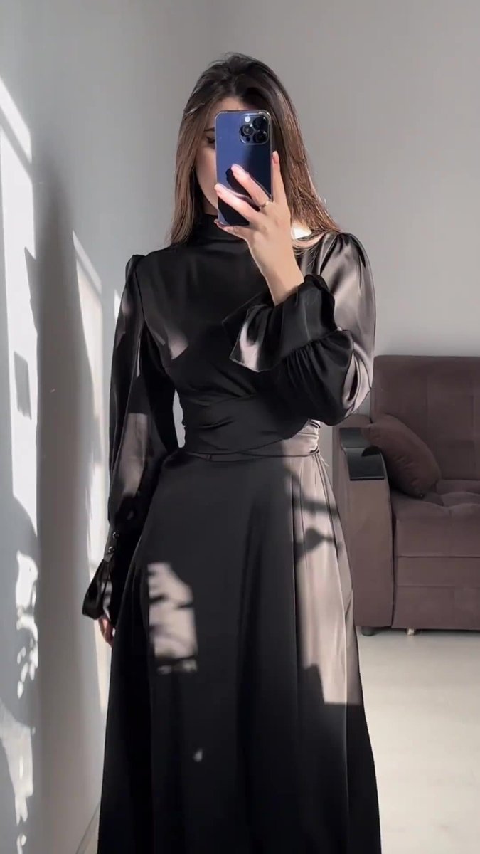 Solid Color Puff Sleeve Long Sleeve Waist - Defining Elegant Dress. (MA164) - Mariam's Collection
