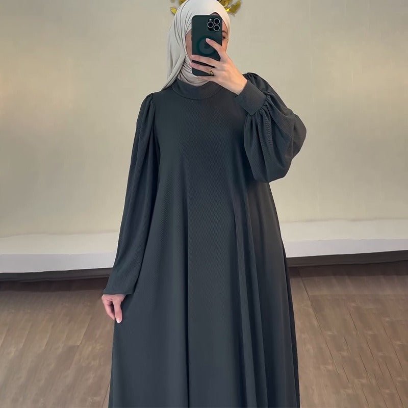 Solid Color Round Neck Belted Abaya | Puff Sleeve Button Cuff Maxi Dress with Belt(MA305) - Mariam's Collection