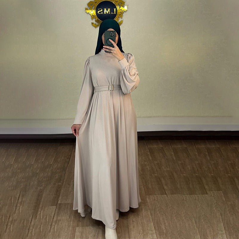 Solid Color Round Neck Belted Abaya | Puff Sleeve Button Cuff Maxi Dress with Belt(MA305) - Mariam's Collection