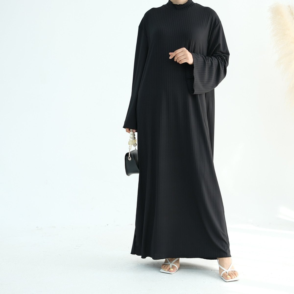 Solid Colour Standing Collar Pit Print Abaya (MA118) - Mariam's Collection