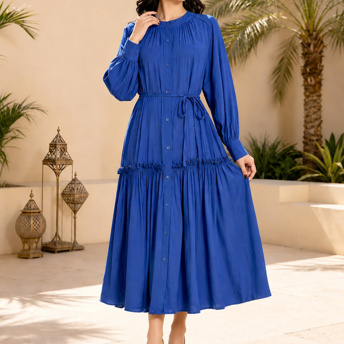 Solid Colour Tie-Waist Maxi Dress(MA472) - Mariam's Collection