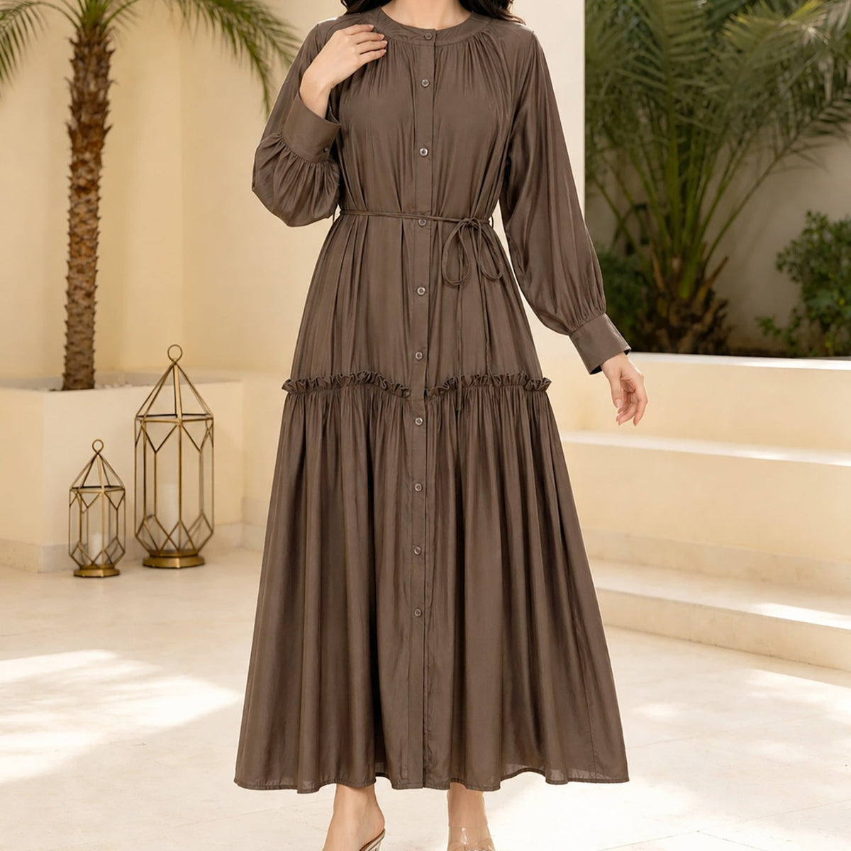Solid Colour Tie-Waist Maxi Dress(MA472) - Mariam's Collection