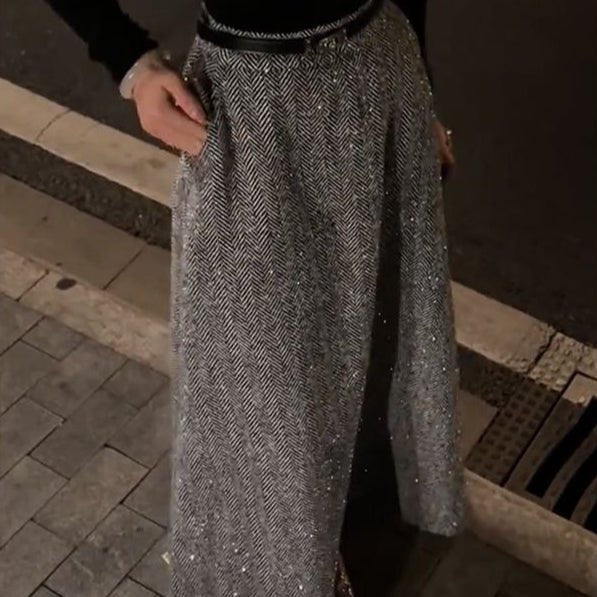 Sparkle Tweed Midi Skirt with Pockets | High-Waist A-Line Herringbone