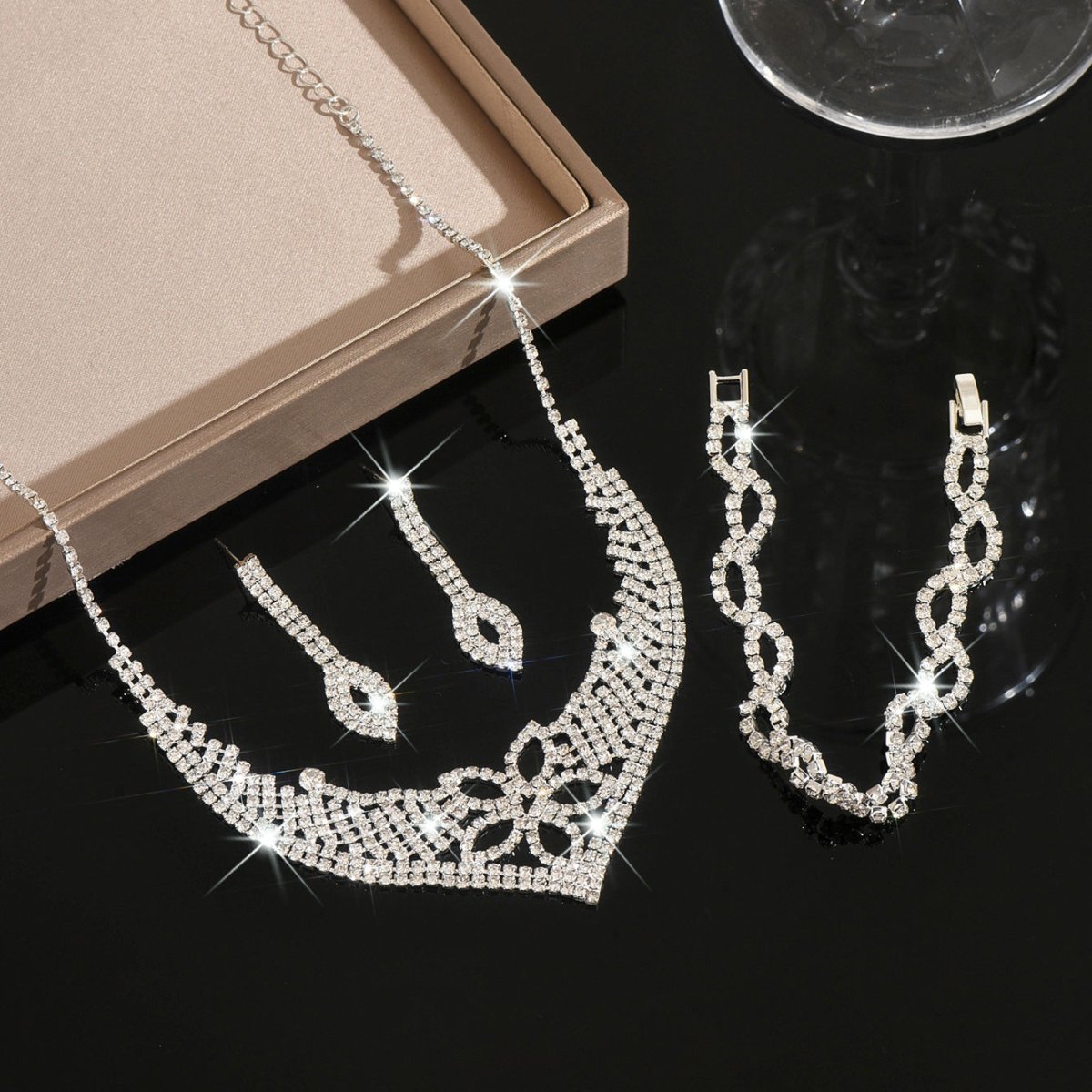 Sparkling Rhinestone Trio Earrings Necklace Bracelet Collection (MAC315) - Mariam's Collection