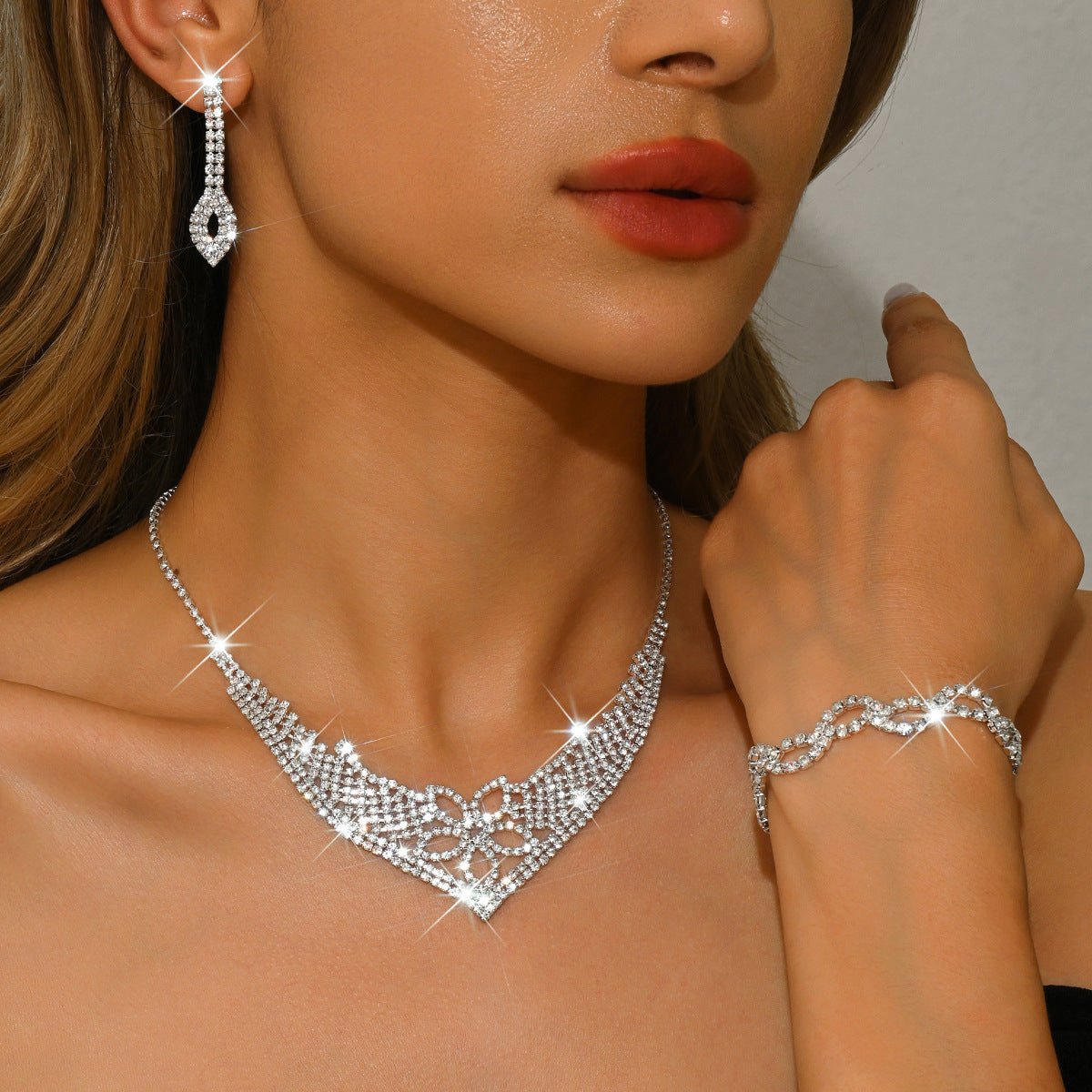 Sparkling Rhinestone Trio Earrings Necklace Bracelet Collection (MAC315) - Mariam's Collection