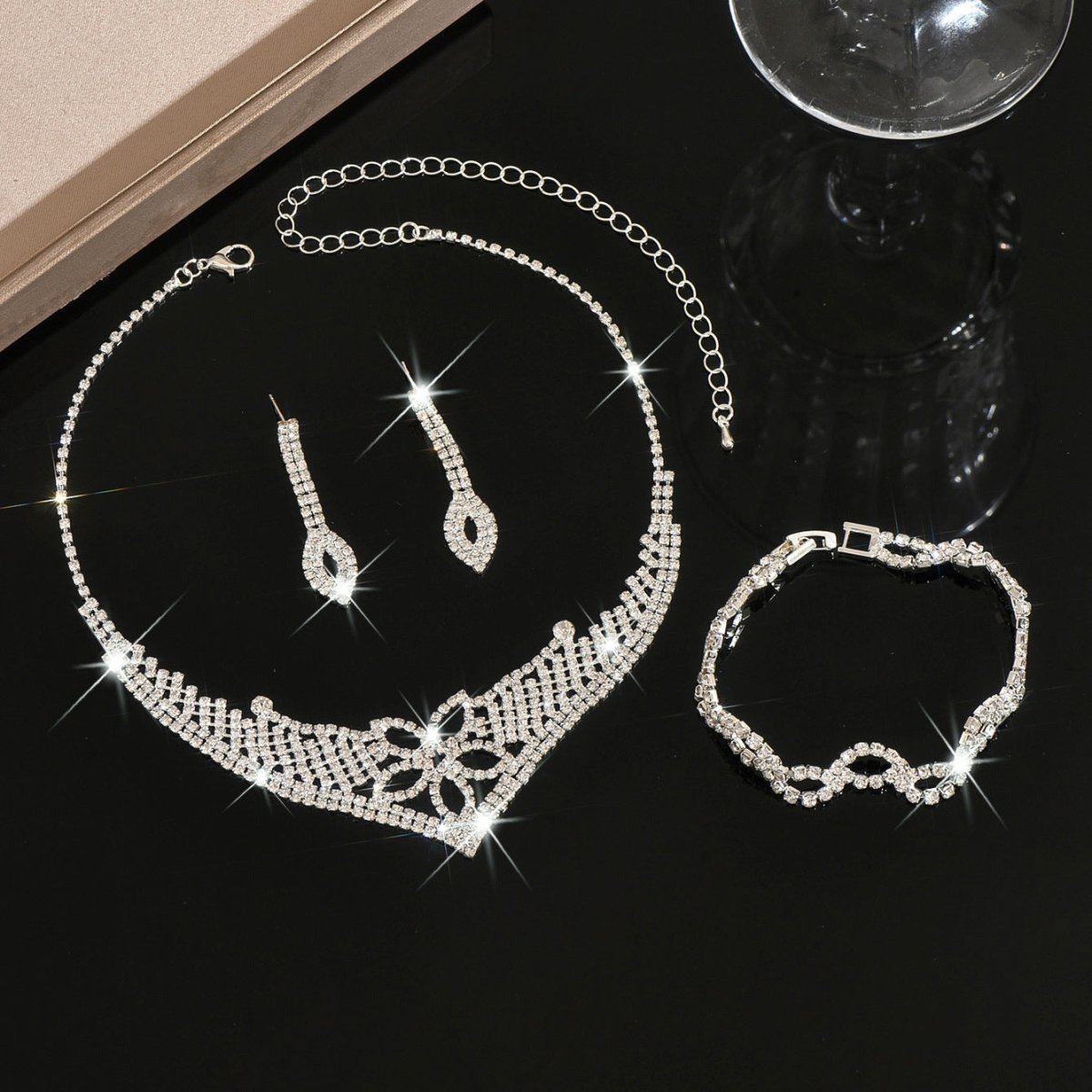 Sparkling Rhinestone Trio Earrings Necklace Bracelet Collection (MAC315) - Mariam's Collection