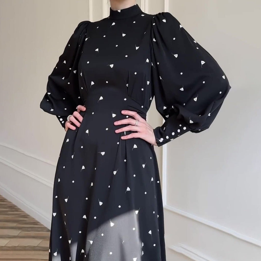 dot long sleeved spring dress Floral Satin Maxi | High Neck Puff Sleeve Dress with Adjustable Waist Tie Size:UK 14 Length 135cm/53.14 inch XL(US extended:303373 Reformation Evianna Linen Dress