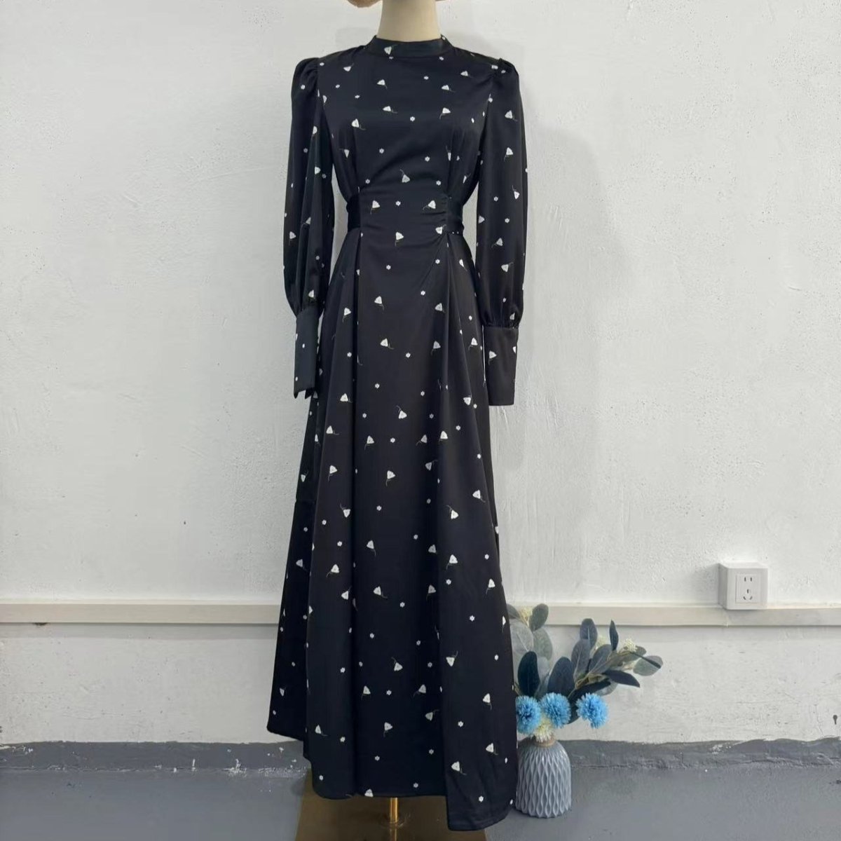 Spring Floral Satin Maxi Dress | High Neck Puff Sleeve Dress with Adjustable Waist Tie - Blue & White Botanical Print (MA236) - Mariam's Collection