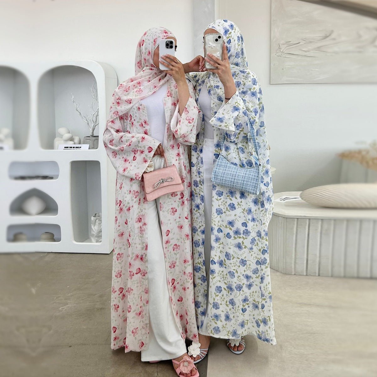 Spring Summer Floral Print Chiffon Cardigan | Double - Layer Modest Cover - Up Abaya. (MOA170) - Mariam's Collection