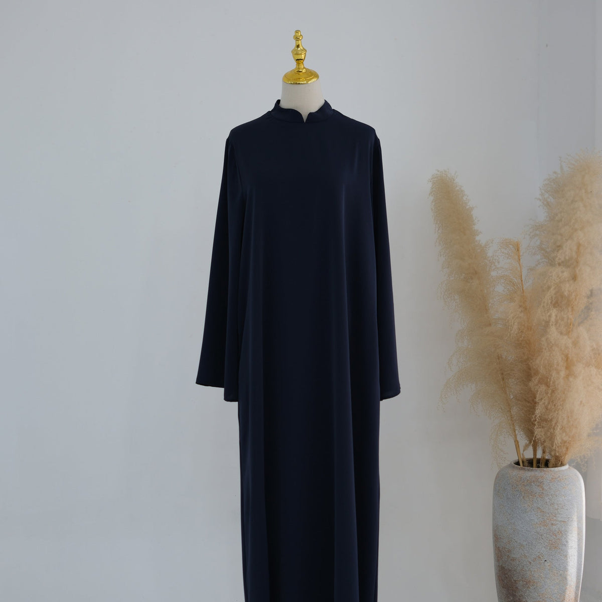 Stand-Collar Nida Maxi Dress | Long-Sleeve Belted Modest Dress(MA475) - Mariam's Collection