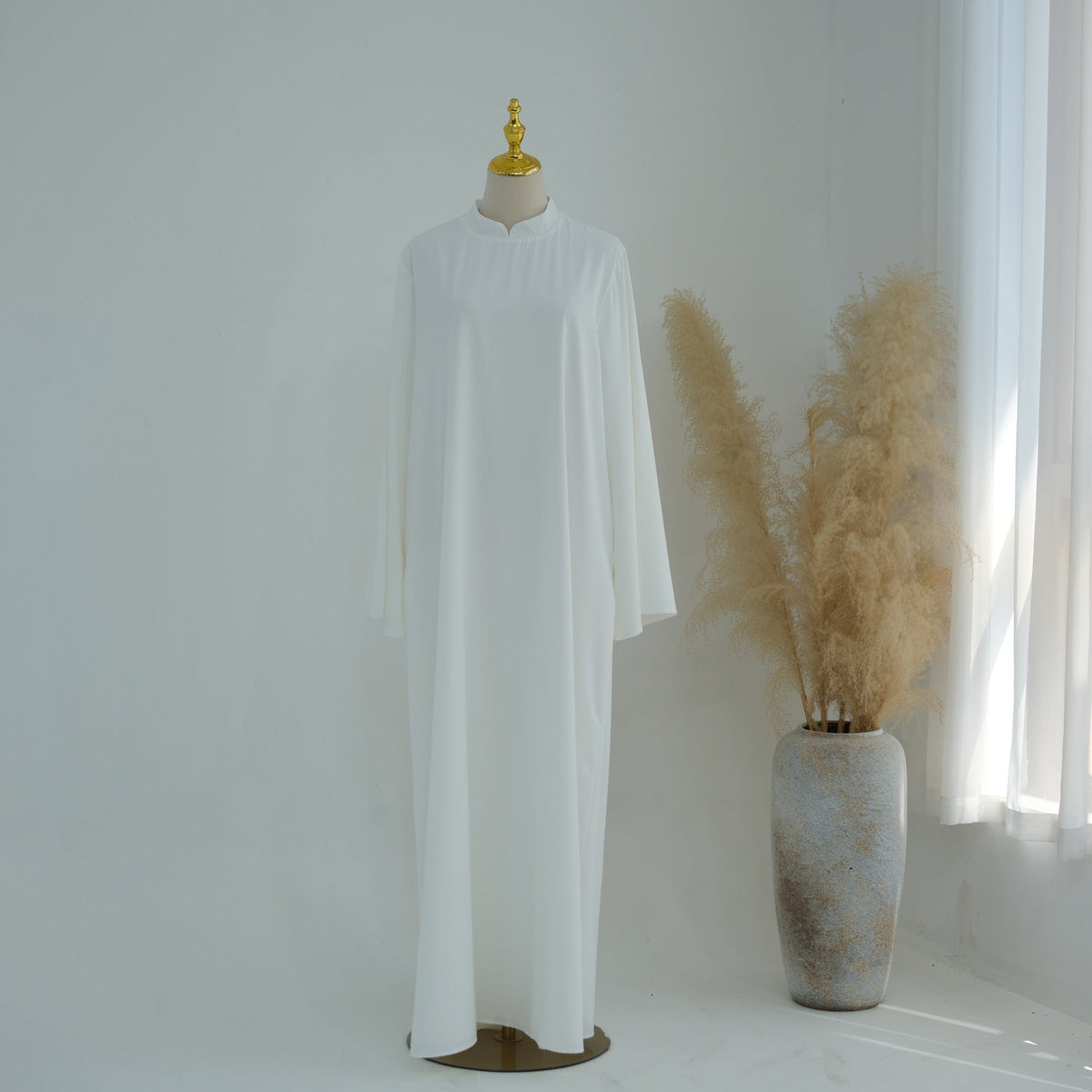 Stand-Collar Nida Maxi Dress | Long-Sleeve Belted Modest Dress(MA475) - Mariam's Collection