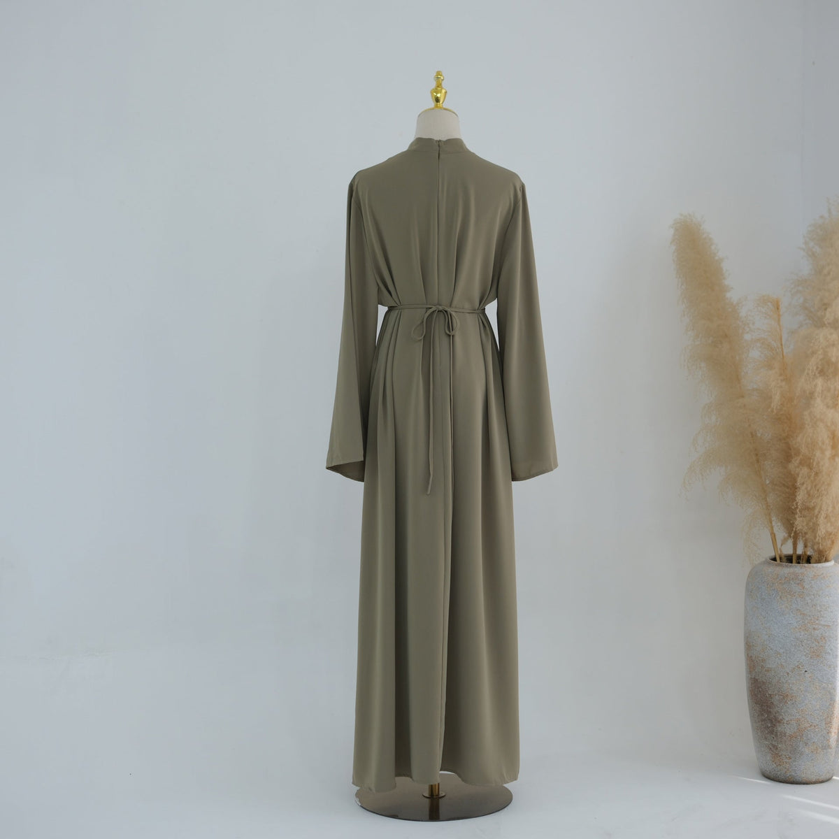 Stand-Collar Nida Maxi Dress | Long-Sleeve Belted Modest Dress(MA475) - Mariam's Collection