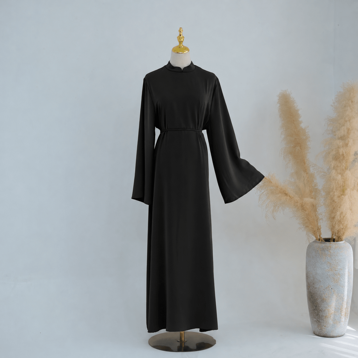 Stand-Collar Nida Maxi Dress | Long-Sleeve Belted Modest Dress(MA475) - Mariam's Collection