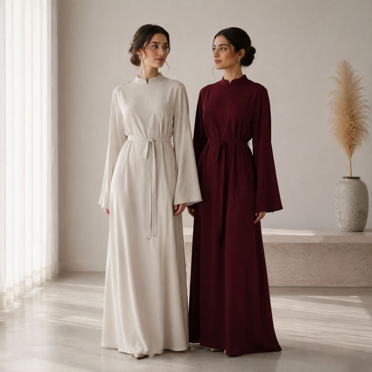 Stand-Collar Nida Maxi Dress | Long-Sleeve Belted Modest Dress(MA475) - Mariam's Collection