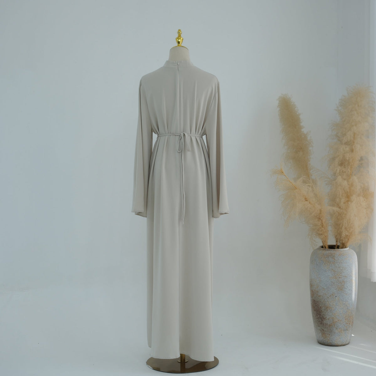 Stand-Collar Nida Maxi Dress | Long-Sleeve Belted Modest Dress(MA475) - Mariam's Collection
