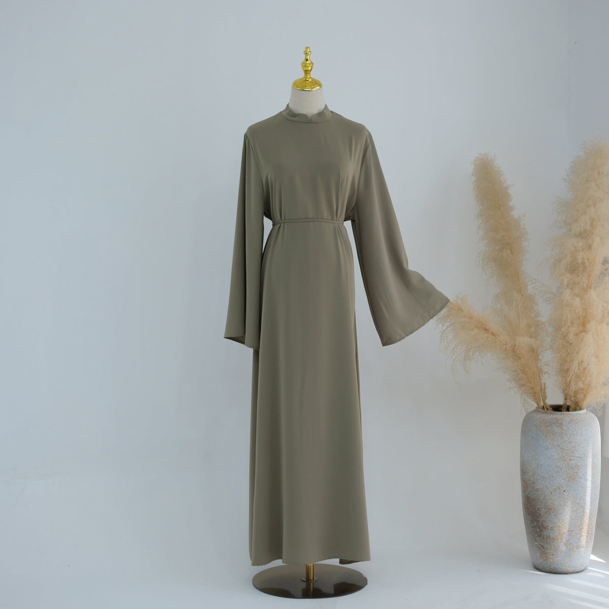 Stand-Collar Nida Maxi Dress | Long-Sleeve Belted Modest Dress(MA475) - Mariam's Collection