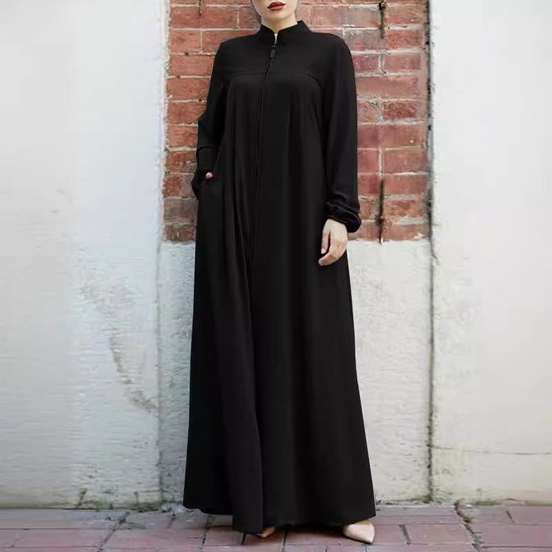 Stand - Collar Zipper Cardigan with Pockets | Modest Long Maxi Dress Abaya.(MA155) - Mariam's Collection