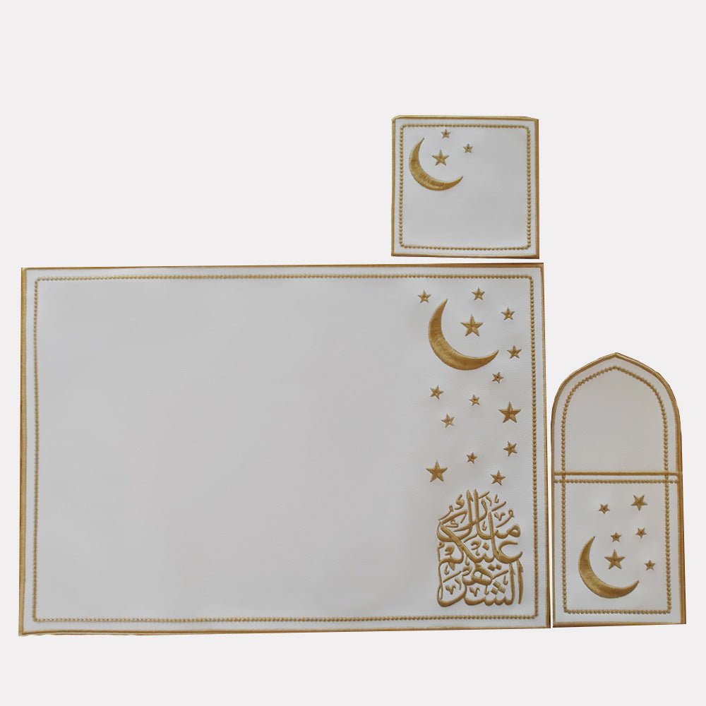 Star & Crescent Embroidered Leather Placemat Set | 3 - Piece Dining Table Decor (MAC390) - Mariam's Collection