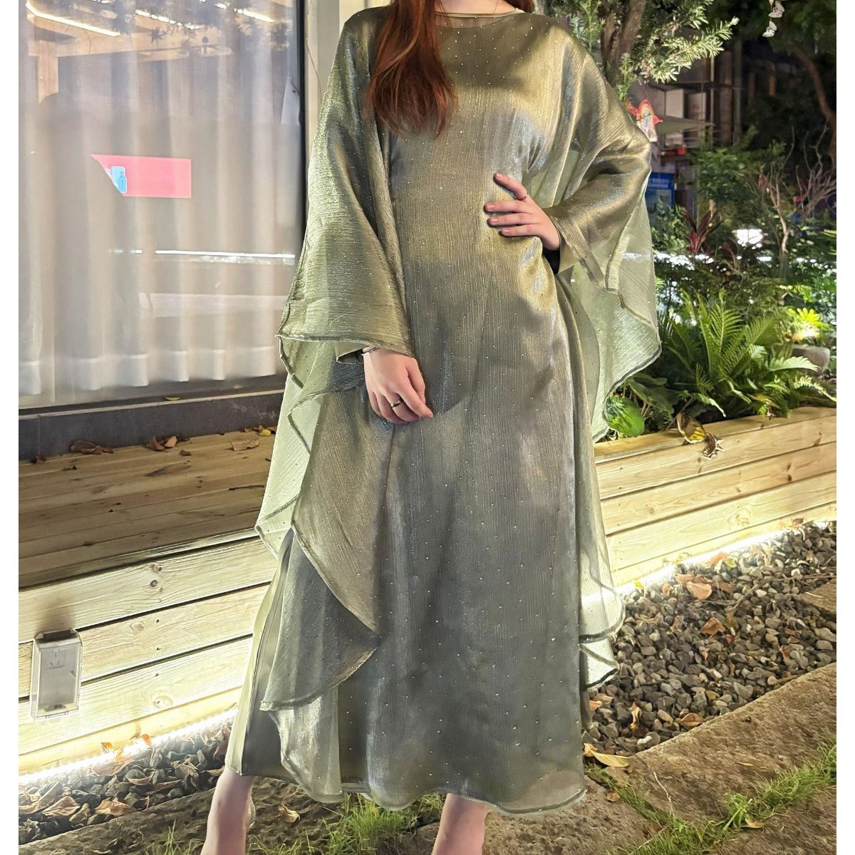 Starry Night Elegance Dress Luxury Party Wear | Olive Green Glitter Maxi with Bell Sleeves. (MA243) - Mariam's Collection
