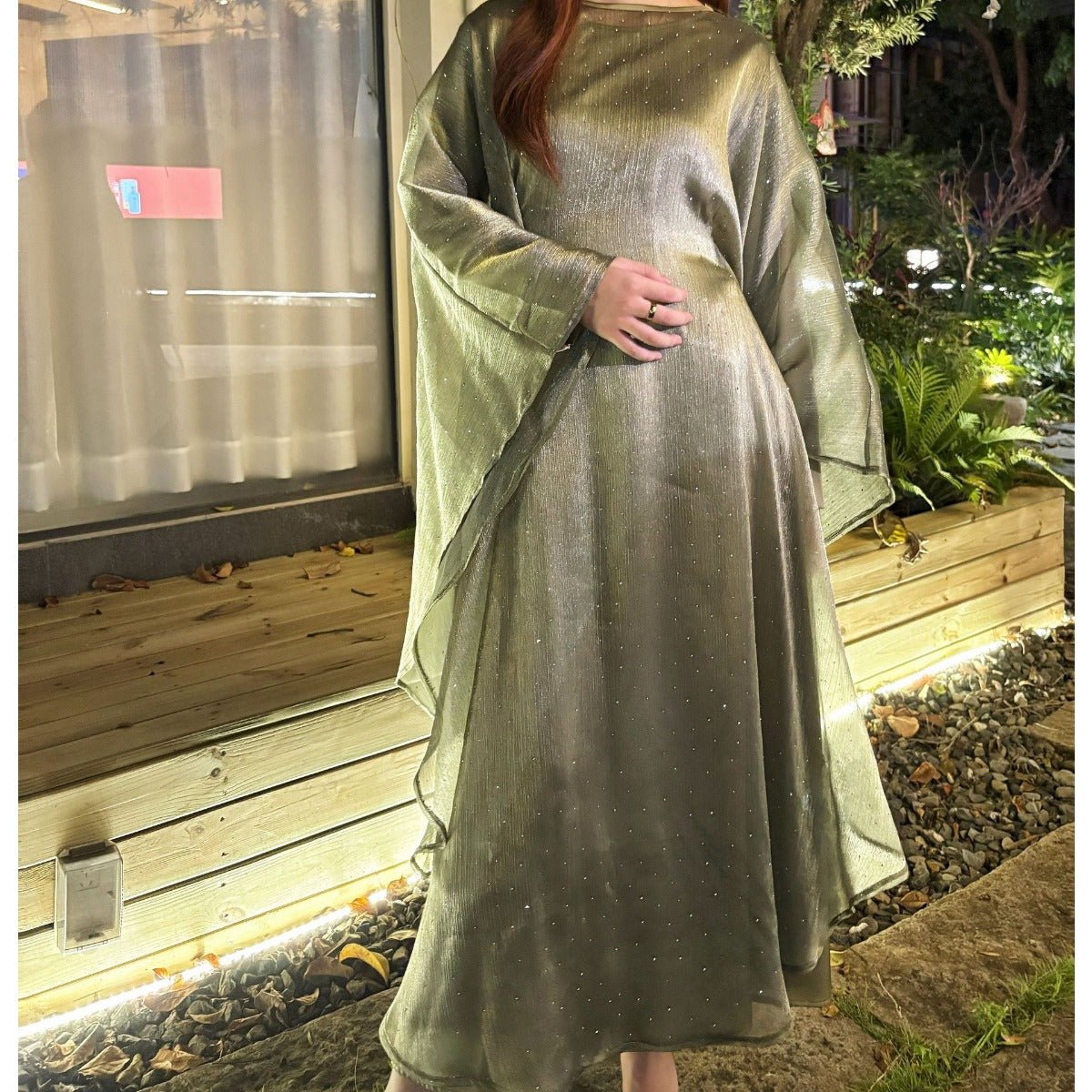 Starry Night Elegance Dress Luxury Party Wear | Olive Green Glitter Maxi with Bell Sleeves. (MA243) - Mariam's Collection