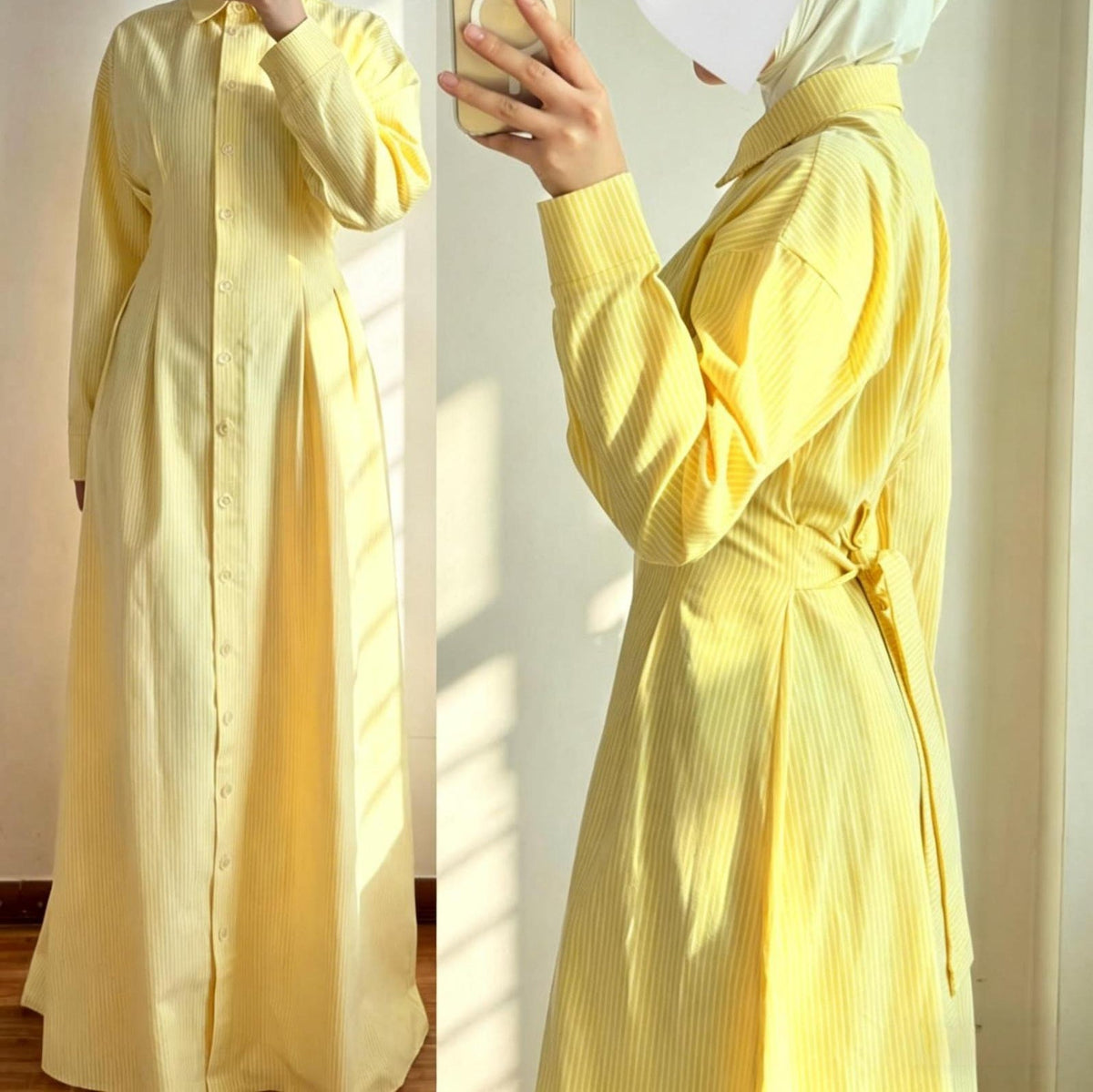Striped Button-Front Modest Shirt Maxi Dress(MS539) - Mariam's Collection