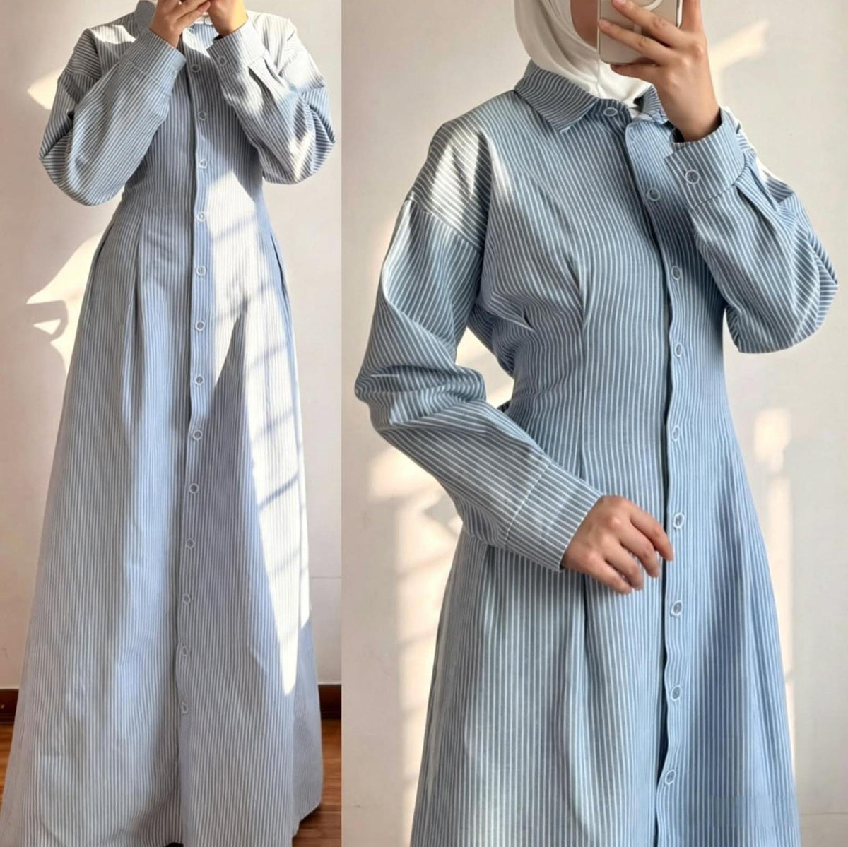 Striped Button-Front Modest Shirt Maxi Dress(MS539) - Mariam's Collection