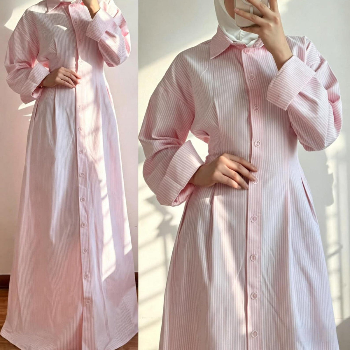 Striped Button-Front Modest Shirt Maxi Dress(MS539) - Mariam's Collection